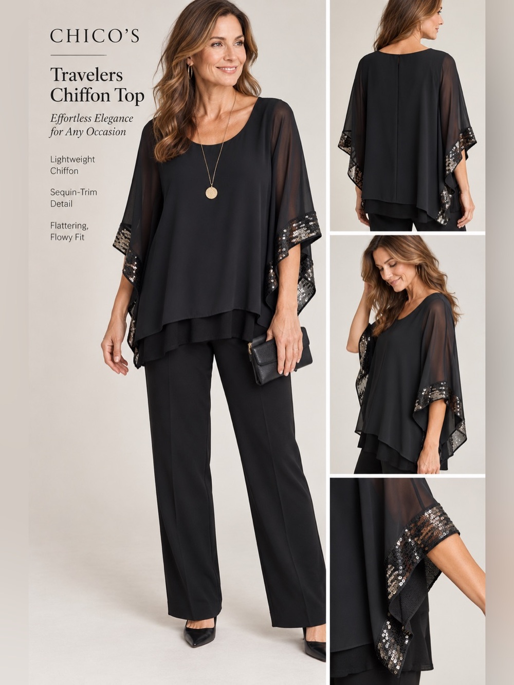 NWT Chico’s Travelers Black Sequin-Trim Women's Chiffon Top